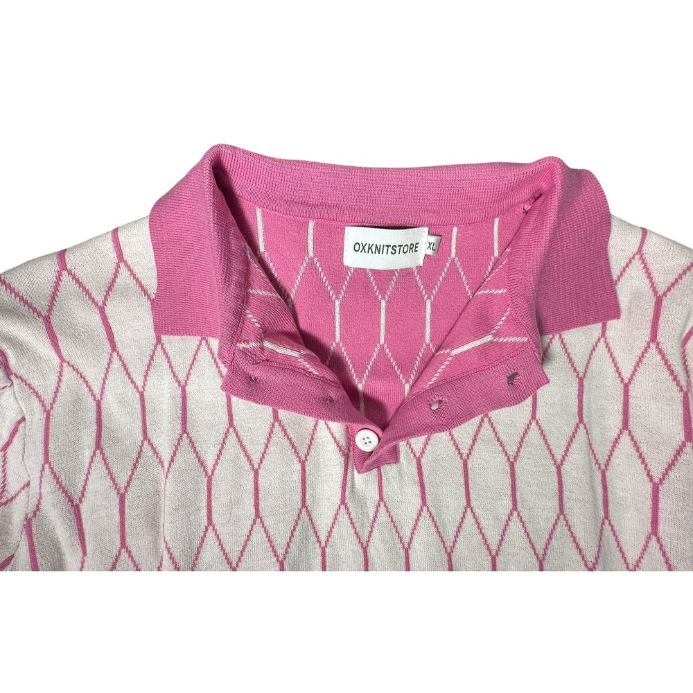 OXKNITSTORE Polo Short Sleeve Mens Knit Top Pink White, Size XL Golf Preppy - Picture 6 of 14
